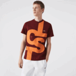 Men Lacoste V0ZN566 Bordeaux ZS1 Regular Fit Contrast Lettering Cotton T-Shirt