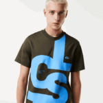 Men Lacoste V0ZN567 Khaki Green S7T Regular Fit Contrast Lettering Cotton T-Shirt