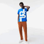 Men Lacoste V0ZN568 Blue K1Q Regular Fit Contrast Lettering Cotton T-Shirt - Image 2