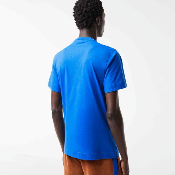 Men Lacoste V0ZN568 Blue K1Q Regular Fit Contrast Lettering Cotton T-Shirt - Image 3