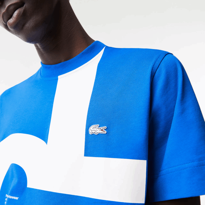 Men Lacoste V0ZN568 Blue K1Q Regular Fit Contrast Lettering Cotton T-Shirt - Image 4