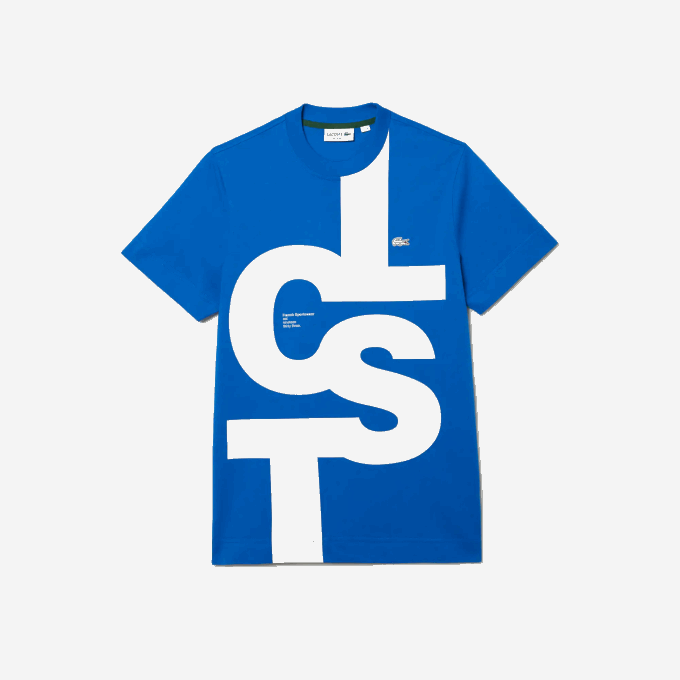 Men Lacoste V0ZN568 Blue K1Q Regular Fit Contrast Lettering Cotton T-Shirt - Image 5
