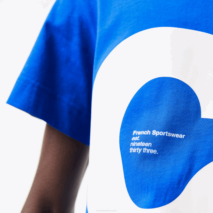 Men Lacoste V0ZN568 Blue K1Q Regular Fit Contrast Lettering Cotton T-Shirt - Image 7