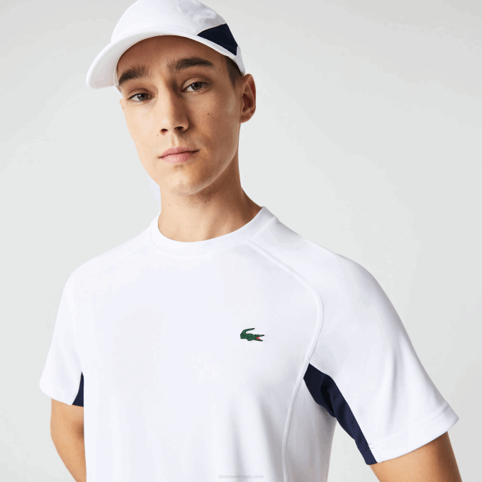 Men Lacoste V0ZN583 White Navy Blue White Y2U SPORT Color-Block Ultra-Dry Pique Tennis T-Shirt - Image 1