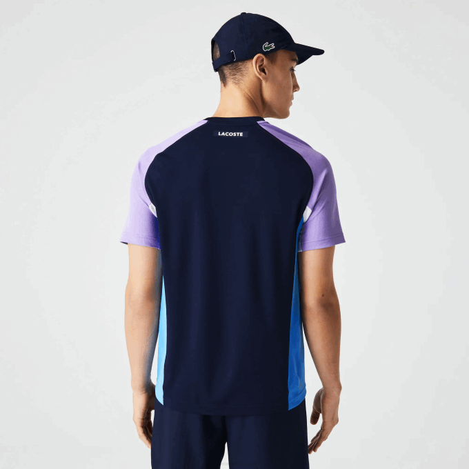 Men Lacoste V0ZN584 Navy Blue Purple White Blue 5XJ SPORT Color-Block Ultra-Dry Pique Tennis T-Shirt - Image 3