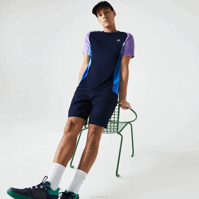 Men Lacoste V0ZN584 Navy Blue Purple White Blue 5XJ SPORT Color-Block Ultra-Dry Pique Tennis T-Shirt - Image 5
