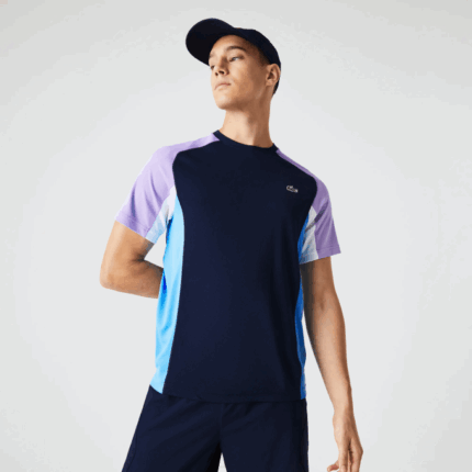 Men Lacoste V0ZN584 Navy Blue Purple White Blue 5XJ SPORT Color-Block Ultra-Dry Pique Tennis T-Shirt