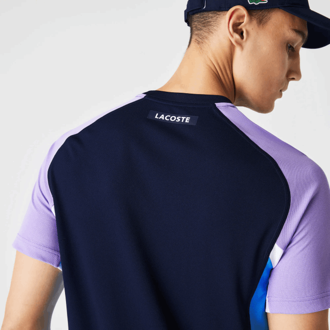 Men Lacoste V0ZN584 Navy Blue Purple White Blue 5XJ SPORT Color-Block Ultra-Dry Pique Tennis T-Shirt - Image 6