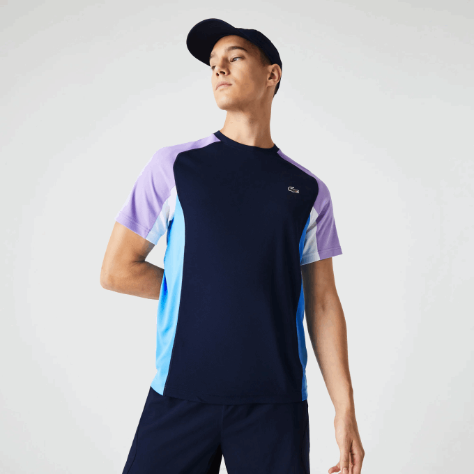 Men Lacoste V0ZN584 Navy Blue Purple White Blue 5XJ SPORT Color-Block Ultra-Dry Pique Tennis T-Shirt - Image 1