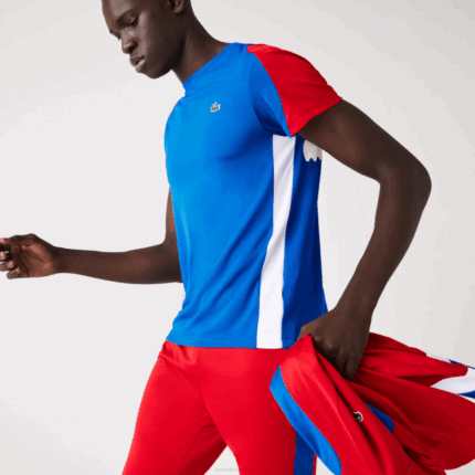 Men Lacoste V0ZN587 Blue Red White YH7 SPORT Crocodile Print Tennis T-Shirt