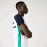 Men Lacoste V0ZN588 White Green Navy Blue YH9 SPORT Crocodile Print Tennis T-Shirt