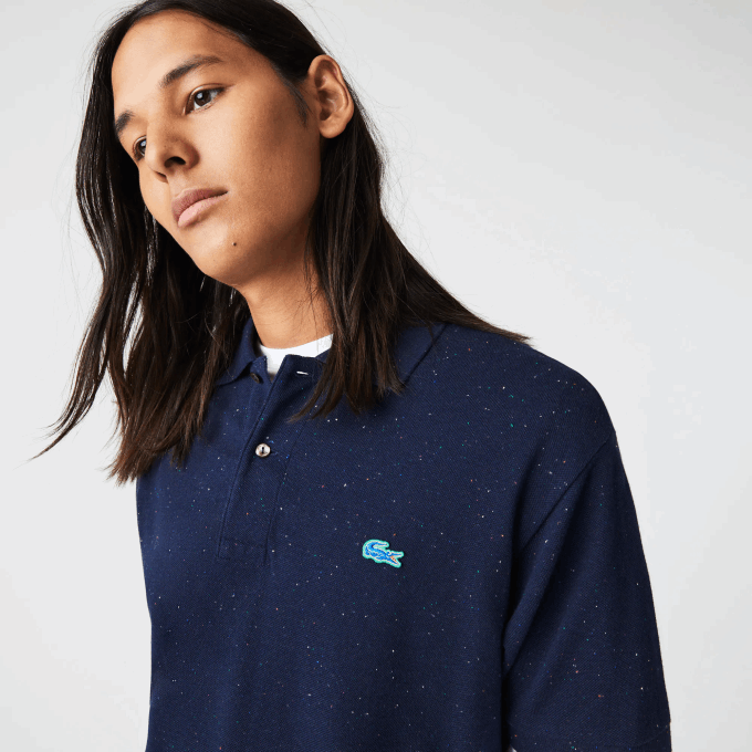 Men Lacoste V0ZN591 Navy Blue 7CG Classic Fit Speckled Print Cotton Pique Polo - Image 2