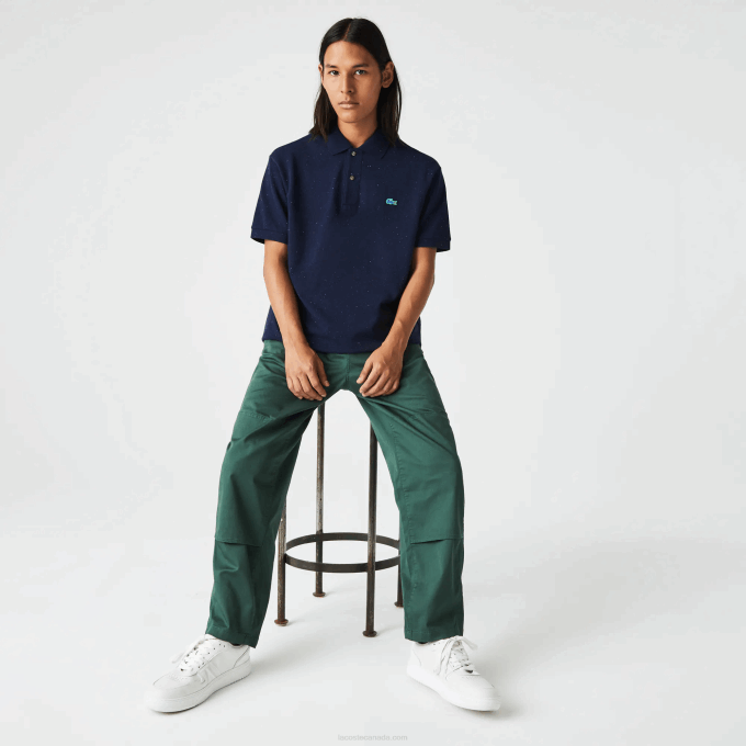 Men Lacoste V0ZN591 Navy Blue 7CG Classic Fit Speckled Print Cotton Pique Polo - Image 4