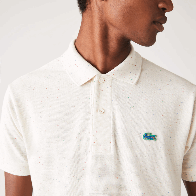Men Lacoste V0ZN592 Beige 74A Classic Fit Speckled Print Cotton Pique Polo - Image 4