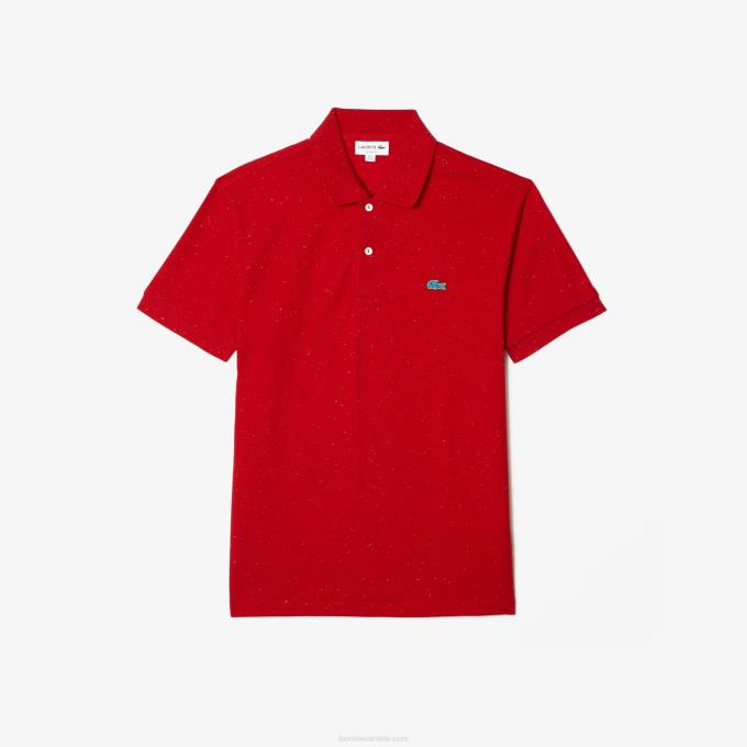 Men Lacoste V0ZN594 Red 7CQ Classic Fit Speckled Print Cotton Pique Polo - Image 3