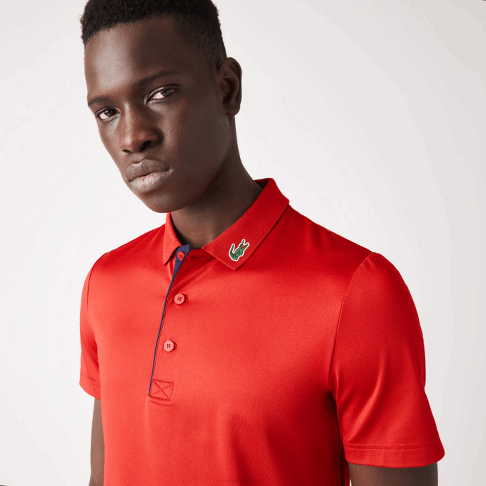 Men Lacoste V0ZN597 Red Navy Blue 528 SPORT Jersey Golf Polo Shirt - Image 1