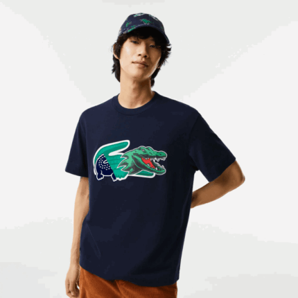 Men Lacoste V0ZN607 Navy Blue 166 Relaxed Fit Oversized Crocodile T-Shirt