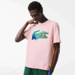 Men Lacoste V0ZN610 Light Pink T03 Relaxed Fit Oversized Crocodile T-Shirt