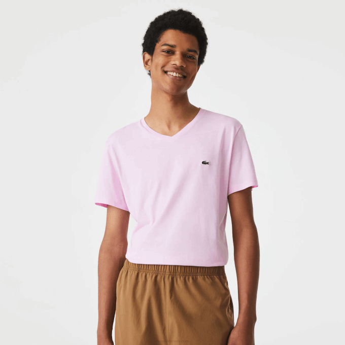 Men Lacoste V0ZN615 Pink Z4H V-Neck Pima Cotton Jersey T-Shirt - Image 6