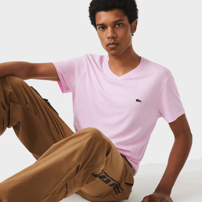 Men Lacoste V0ZN615 Pink Z4H V-Neck Pima Cotton Jersey T-Shirt - Image 1