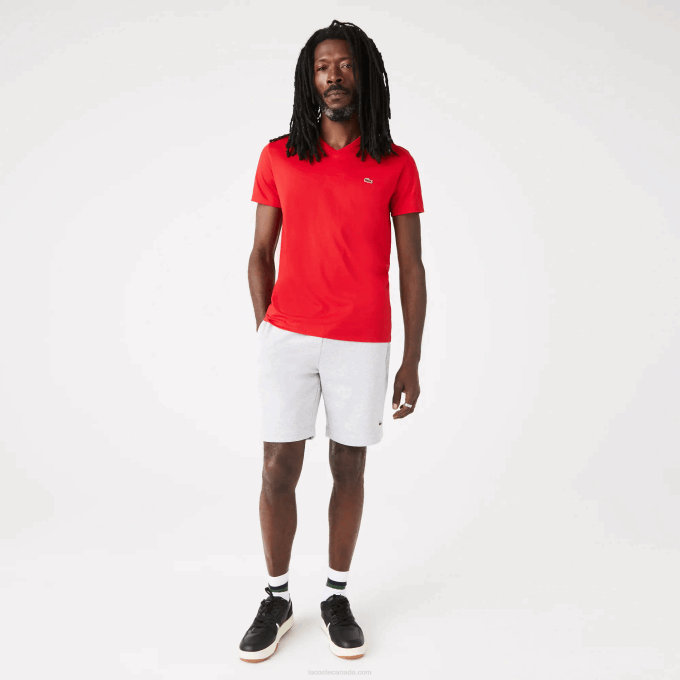 Men Lacoste V0ZN617 Red 240 V-Neck Pima Cotton Jersey T-Shirt - Image 2