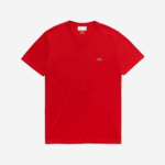 Men Lacoste V0ZN617 Red 240 V-Neck Pima Cotton Jersey T-Shirt - Image 4