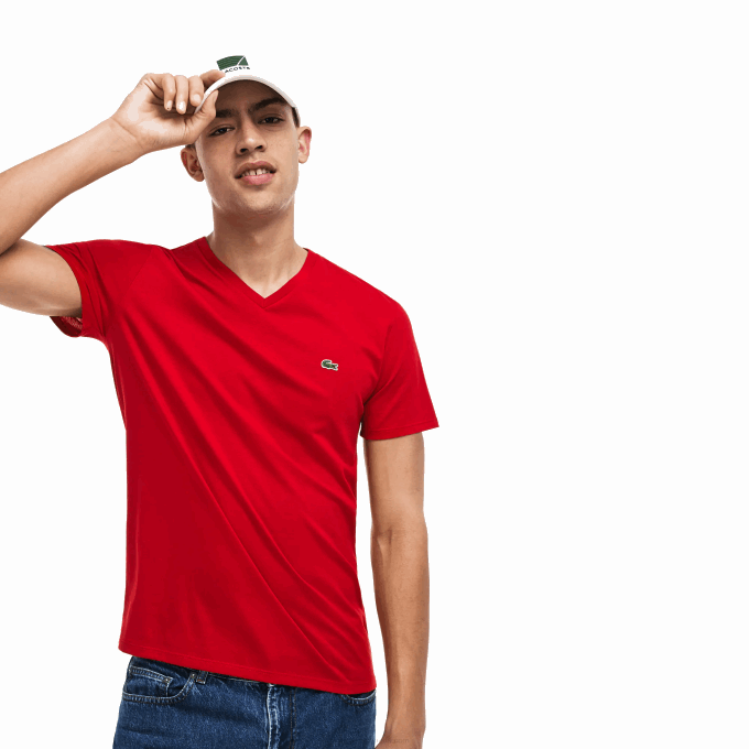 Men Lacoste V0ZN617 Red 240 V-Neck Pima Cotton Jersey T-Shirt - Image 5