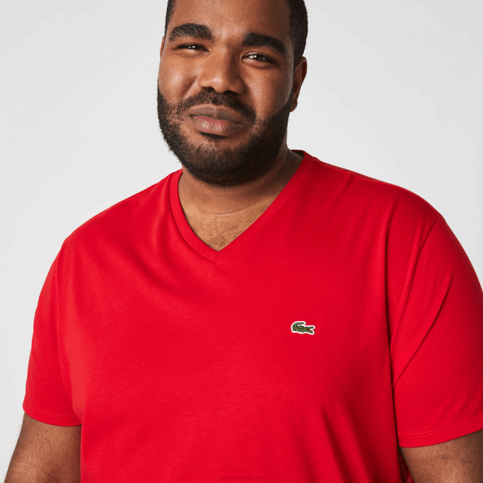 Men Lacoste V0ZN617 Red 240 V-Neck Pima Cotton Jersey T-Shirt - Image 7