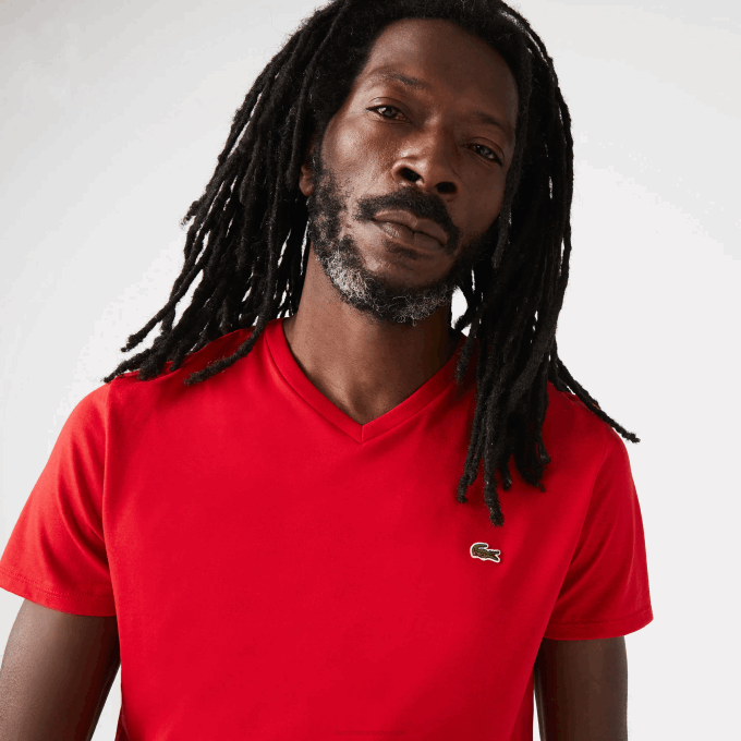 Men Lacoste V0ZN617 Red 240 V-Neck Pima Cotton Jersey T-Shirt - Image 1
