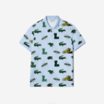 Men Lacoste V0ZN629 Blue White EEP Regular Fit Crocodile Print Polo