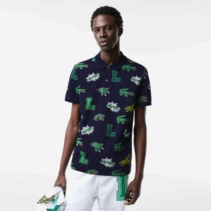 Men Lacoste V0ZN631 Navy Blue White QRN Regular Fit Crocodile Print Polo - Image 2
