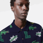 Men Lacoste V0ZN631 Navy Blue White QRN Regular Fit Crocodile Print Polo - Image 4
