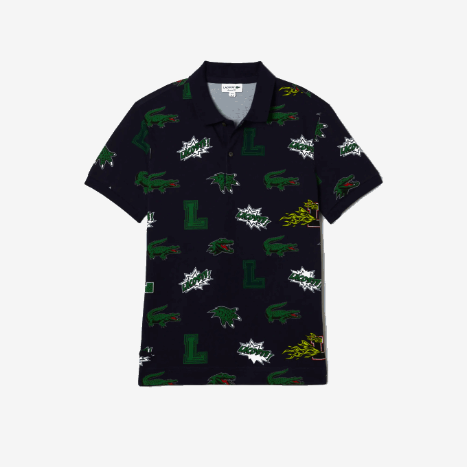 Men Lacoste V0ZN631 Navy Blue White QRN Regular Fit Crocodile Print Polo - Image 5