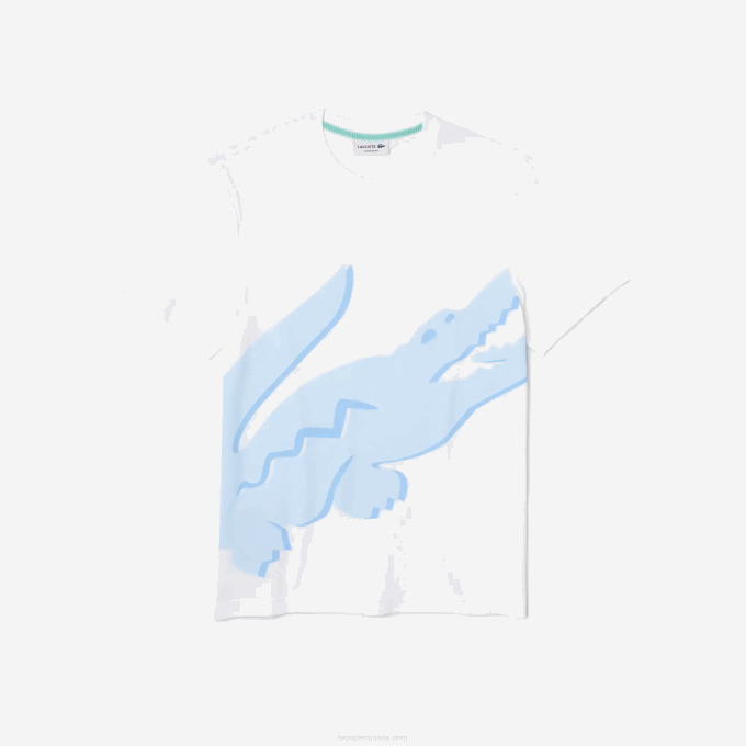 Men Lacoste V0ZN637 White 001 Crocodile Print Crew Neck Stretch Organic Cotton T-Shirt - Image 5