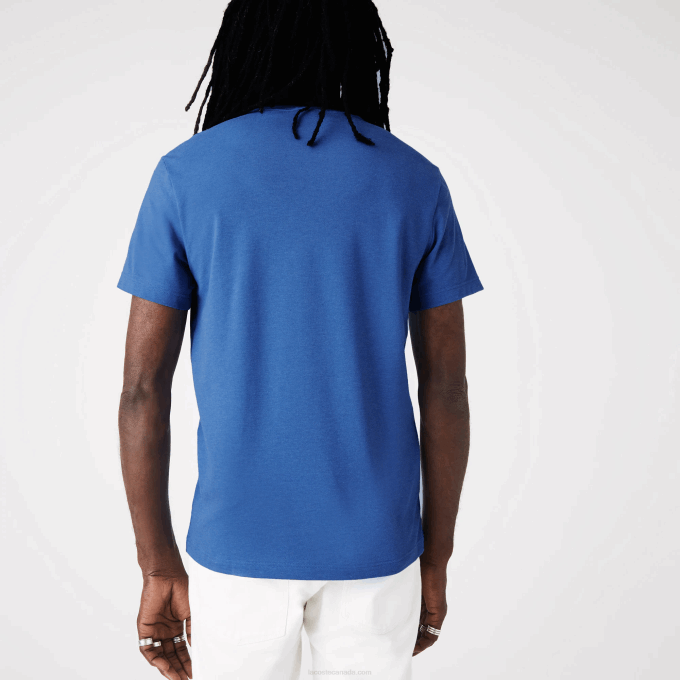 Men Lacoste V0ZN639 Blue Chine HG3 Crocodile Print Crew Neck Stretch Organic Cotton T-Shirt - Image 2