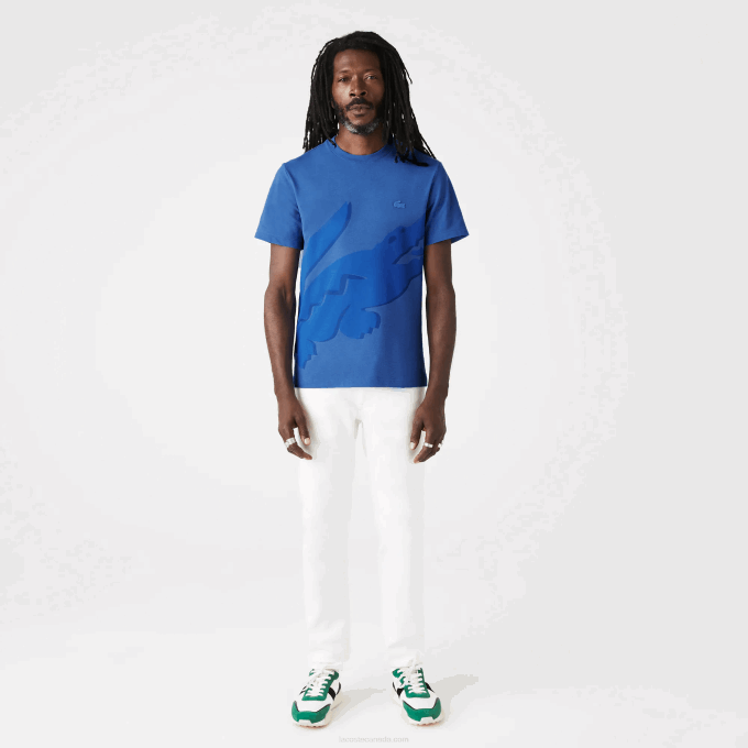 Men Lacoste V0ZN639 Blue Chine HG3 Crocodile Print Crew Neck Stretch Organic Cotton T-Shirt - Image 3