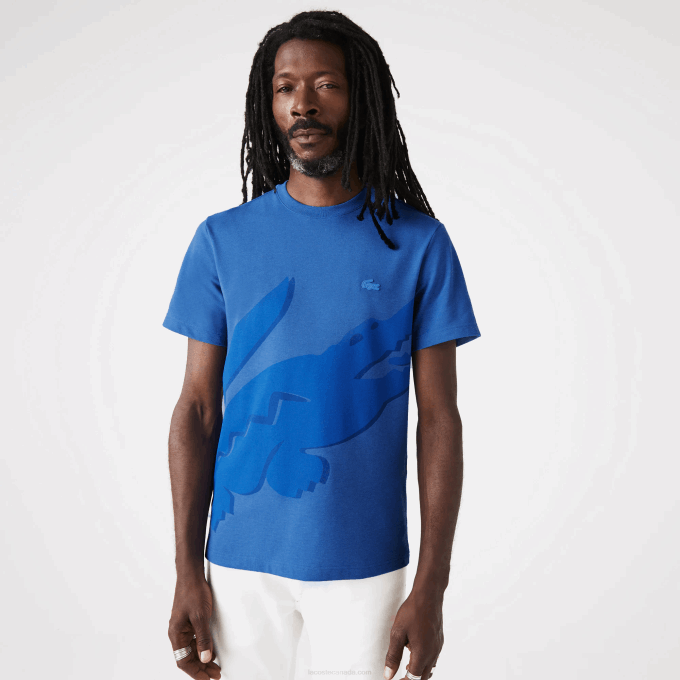 Men Lacoste V0ZN639 Blue Chine HG3 Crocodile Print Crew Neck Stretch Organic Cotton T-Shirt - Image 1