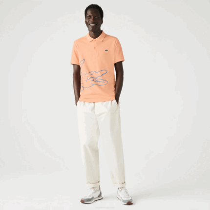 Men Lacoste V0ZN647 Light Orange HEB Regular Fit Crocodile Print Cotton Pique Polo