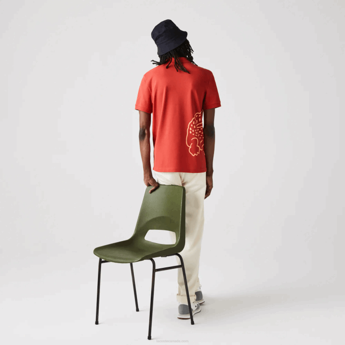 Men Lacoste V0ZN648 Red 67G Regular Fit Crocodile Print Cotton Pique Polo - Image 3