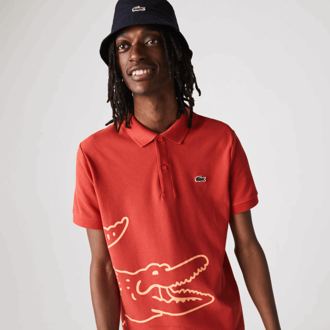Men Lacoste V0ZN648 Red 67G Regular Fit Crocodile Print Cotton Pique Polo - Image 5