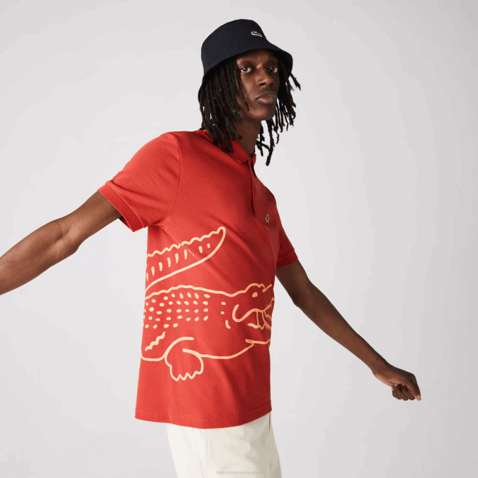 Men Lacoste V0ZN648 Red 67G Regular Fit Crocodile Print Cotton Pique Polo - Image 1