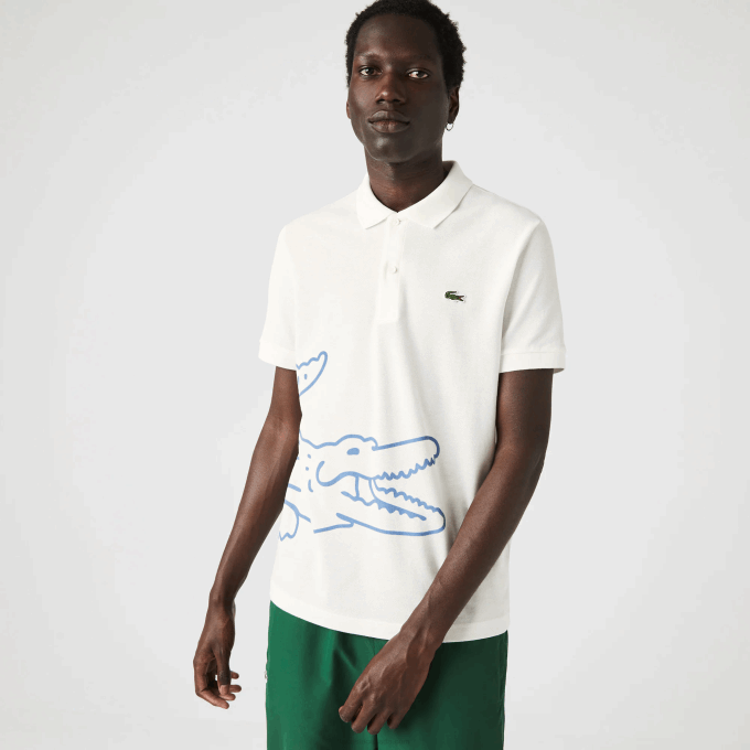 Men Lacoste V0ZN649 White 70V Regular Fit Crocodile Print Cotton Pique Polo - Image 1