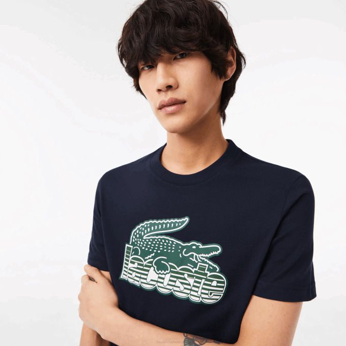 Men Lacoste V0ZN64 Navy Blue 166 Cotton Jersey Print T-Shirt - Image 2