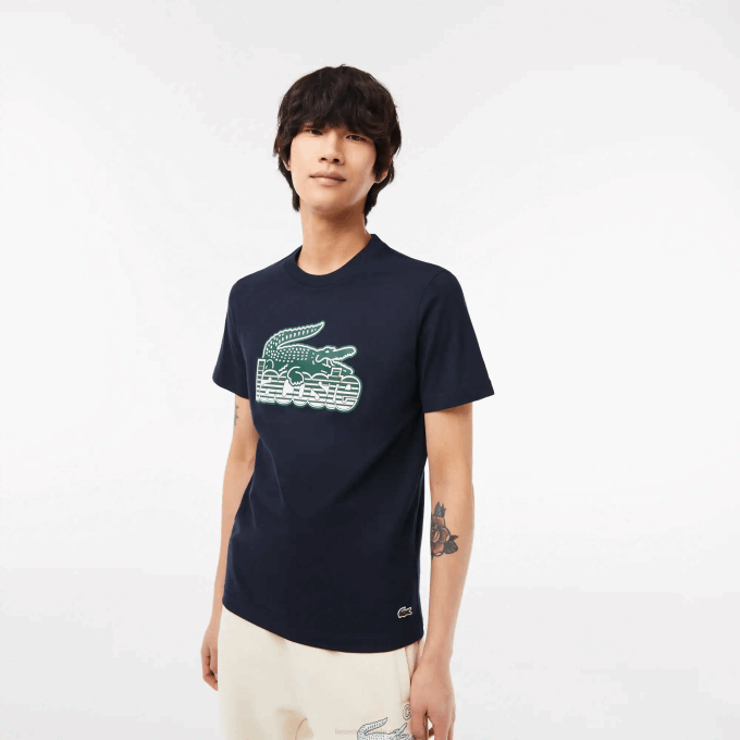 Men Lacoste V0ZN64 Navy Blue 166 Cotton Jersey Print T-Shirt - Image 1