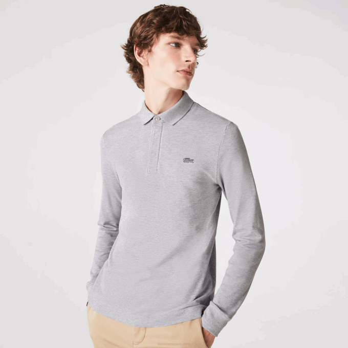 Men Lacoste V0ZN668 Grey Chine CCA Smart Paris long sleeve stretch cotton pique Polo - Image 1