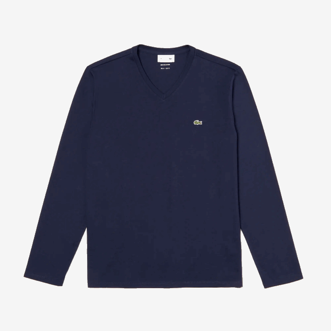 Men Lacoste V0ZN674 Navy Blue 166 V-Neck Lightweight Pima Cotton Jersey T-Shirt - Image 4