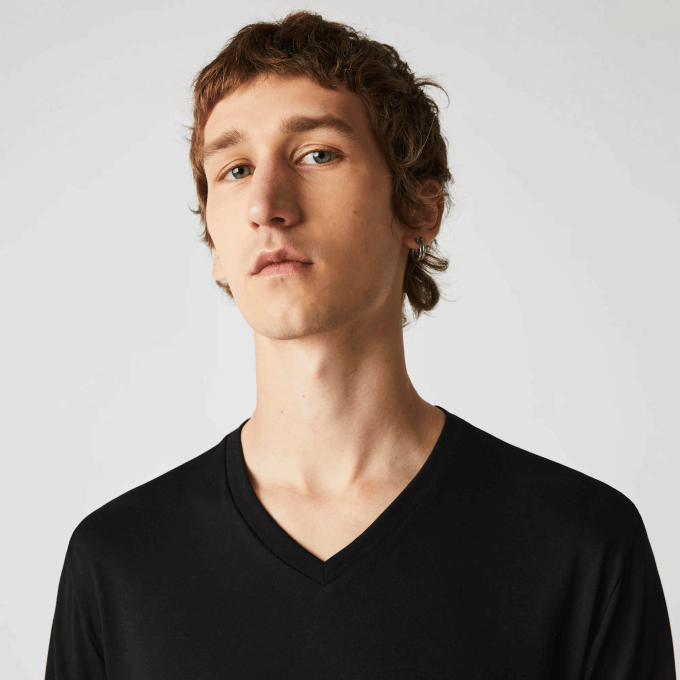 Men Lacoste V0ZN676 Black 031 V-Neck Lightweight Pima Cotton Jersey T-Shirt - Image 2