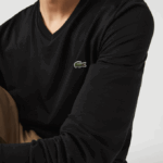 Men Lacoste V0ZN676 Black 031 V-Neck Lightweight Pima Cotton Jersey T-Shirt - Image 4