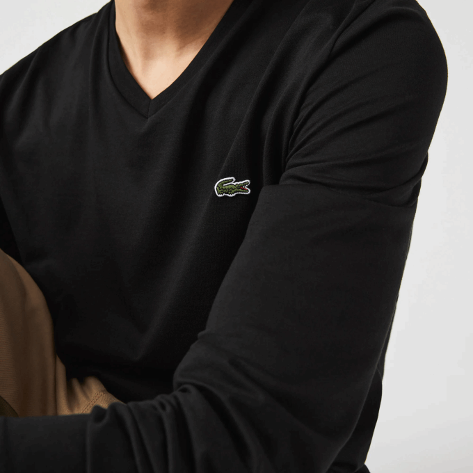 Men Lacoste V0ZN676 Black 031 V-Neck Lightweight Pima Cotton Jersey T-Shirt - Image 4