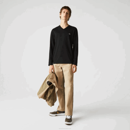 Men Lacoste V0ZN676 Black 031 V-Neck Lightweight Pima Cotton Jersey T-Shirt